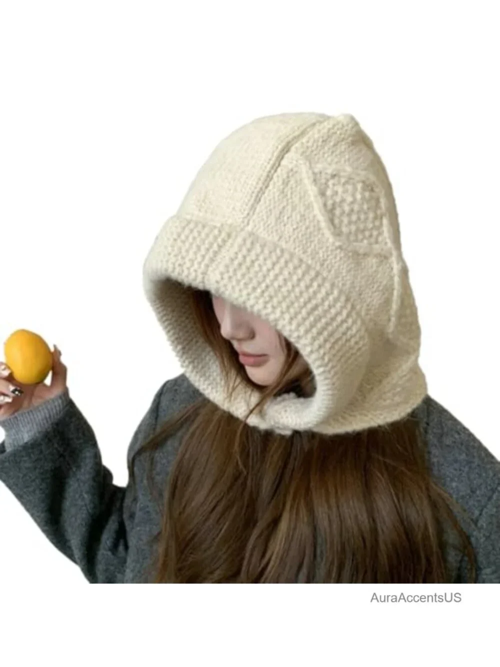 Women's Oversized Wool Knit Balaclava Hat Hooded Scarf Chunky Cable Knit Winter
